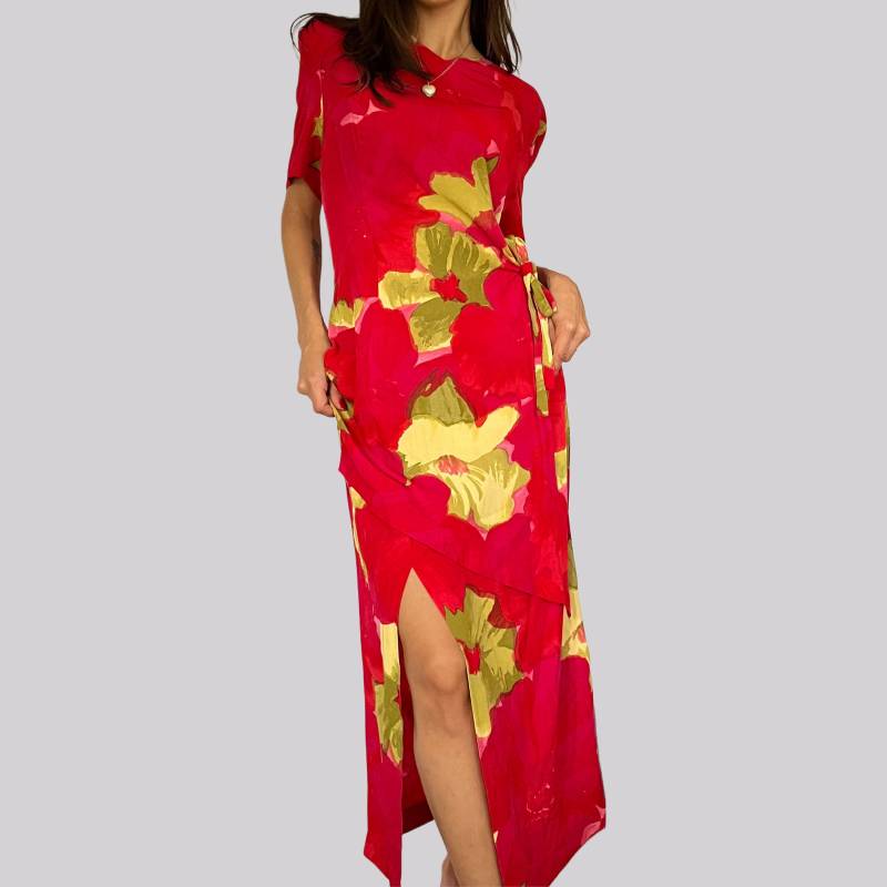 Vintage Luftiges Maxikleid Floral/Vicini Größe 38 S M Rot Pink Grün Geblümt Viskose von OftimespastvintageAT