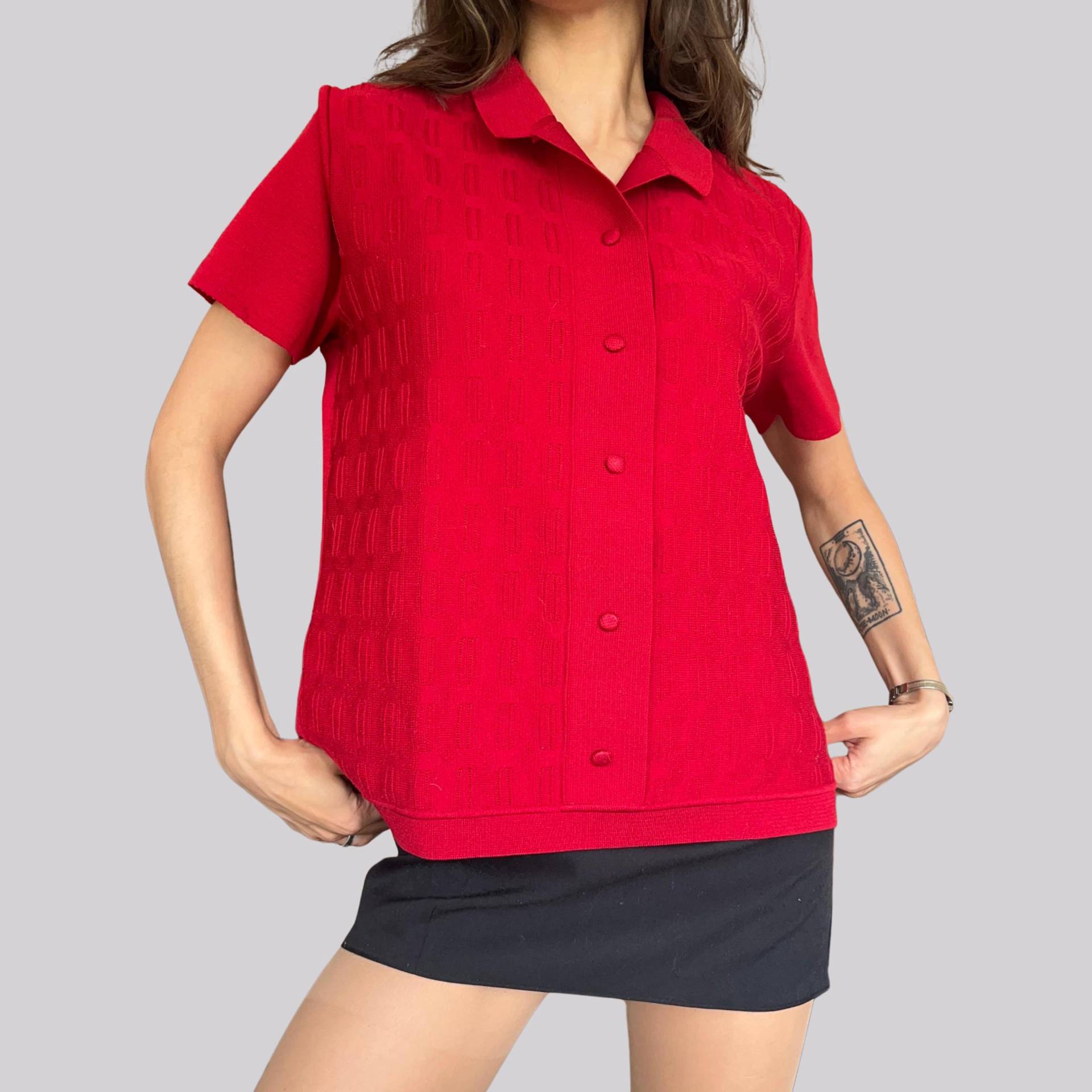 Vintage Strick Bluse Kurzarm/Rot Polyester L Xl Knöpfe Mit Kragen von OftimespastvintageAT