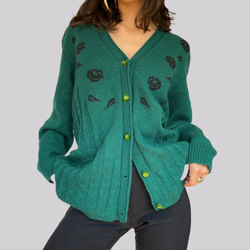 Vintage Strickweste Zopfmuster/Bestickt Grün Schwarz L Cardigan Wolle Acryl Rosen von OftimespastvintageAT