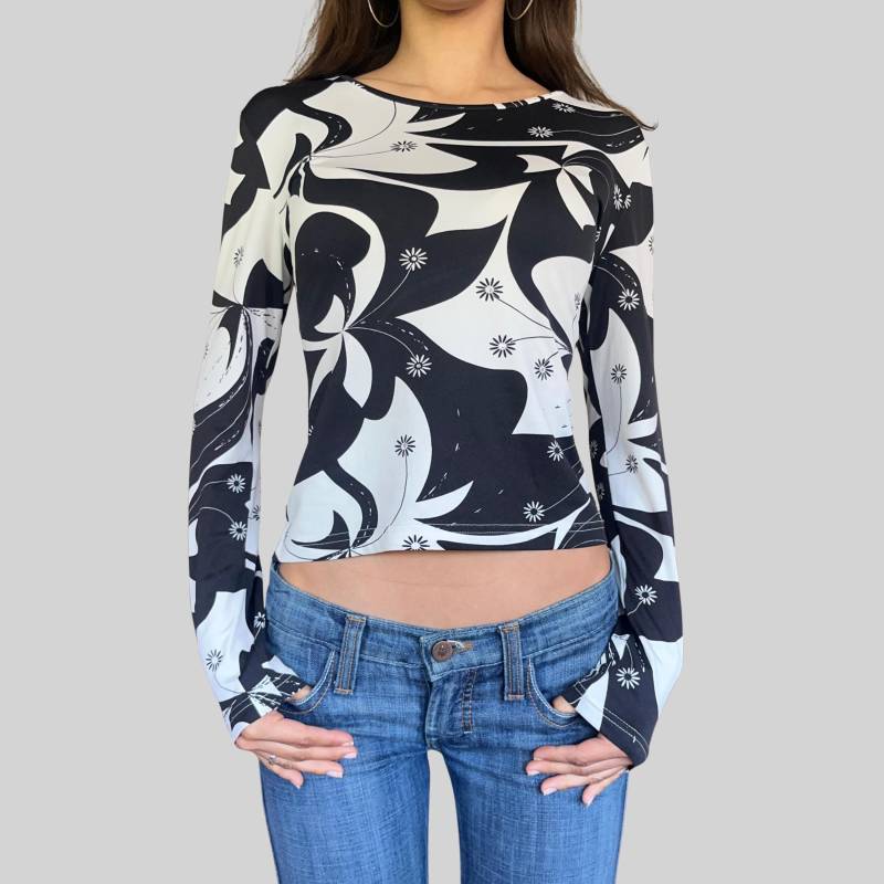 Vintage Y2K Langarm Shirt/Schwarz Weiß S M Musterung Elasthan 2000Er von OftimespastvintageAT