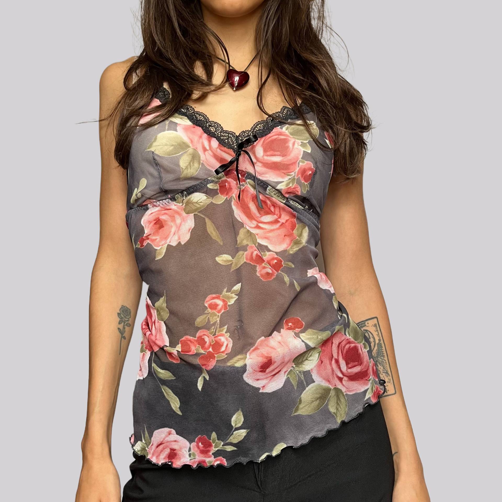 Vintage Y2K Mesh Dessous Top Transparent Floral/M Grau Grün Pink Rosa Rosen Blumen Coquette Vintage Y2K Mesh Dessous Top Transparent Floral/M Grau Grün Pink Rosa Rosen Blumen Coquette von OftimespastvintageAT