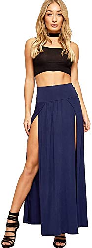 OgLuxe Damen Maxi-Rock mit zwei Schlitzen, lang, schlicht, mit zwei Seitenschlitzen, navy, 34-36 von OgLuxe