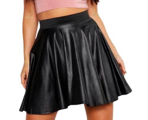 OgLuxe Damen Minirock mit hoher Taille, Kunstleder, Wetlook, PVC, ausgestellt, Größe 36-54, Schwarz , 34-36 von OgLuxe