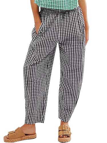 Ogfao Karierte Damenhose, Gingham-Loungehose, weites Bein, mittlere Leibhöhe, elastische Taille, kariert, Lange Hose mit Taschen, Schwarz, Groß Ogfao Karierte Damenhose, Gingham-Loungehose, weites Bein, mittlere Leibhöhe, elastische Taille, kariert, Lange Hose mit Taschen, Schwarz, Groß von Ogfao