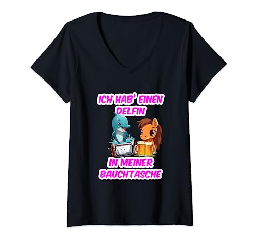 Damen Delfin in meiner Bauchtasche Party Outfit Malle Mallorca T-Shirt mit V-Ausschnitt Damen Delfin in meiner Bauchtasche Party Outfit Malle Mallorca T-Shirt mit V-Ausschnitt von Ogif Design
