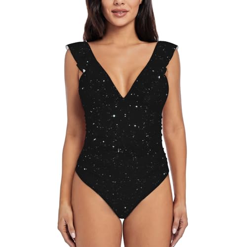 Einteiliger Damen-Badeanzug, schwarzer Glitzer, Bademode, Rüschen, Monokini, Schwarz, XL von Ogniwo