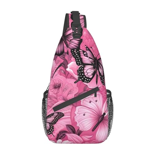 Paris Schultertasche, Umhängetasche, Rucksack, Brusttasche, leicht, Tagesrucksack, Wandern, Radfahren, für Herren und Damen, Rosa, Pink Butterfly Seamless Tile2, Einheitsgröße von Ogniwo