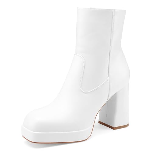 Oh Mispares Damen-Stiefeletten, Plateau-Stiefel, hoher klobiger Absatz, gemütlich, Leder, Gogo-Stiefel, quadratische Zehenpartie, seitlicher Reißverschluss, Weißes Pu, 38 EU Oh Mispares Damen-Stiefeletten, Plateau-Stiefel, hoher klobiger Absatz, gemütlich, Leder, Gogo-Stiefel, quadratische Zehenpartie, seitlicher Reißverschluss, Weißes Pu, 38 EU von Oh Mispares