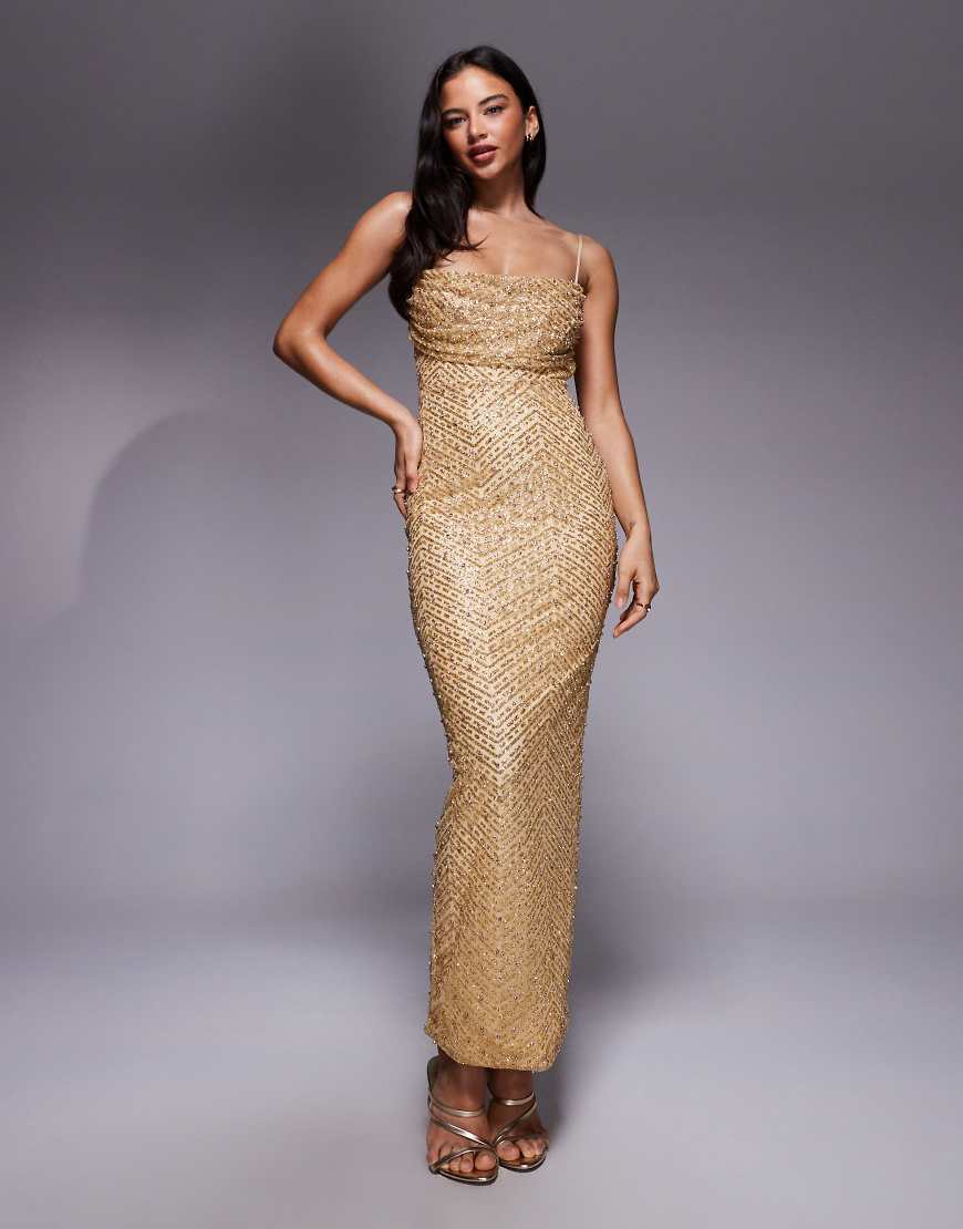 Oh Polly - Bodycon-Maxikleid in Gold mit Glitzerverzierung, eckigem Ausschnitt und Rückenausschnitt-Goldfarben von Oh Polly