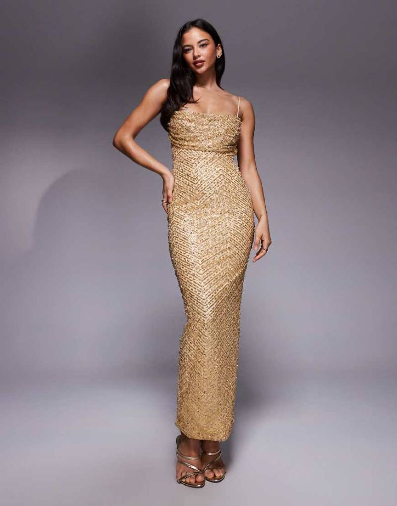 Oh Polly - Bodycon-Maxikleid in Gold mit Glitzerverzierung, eckigem Ausschnitt und Rückenausschnitt-Goldfarben von Oh Polly