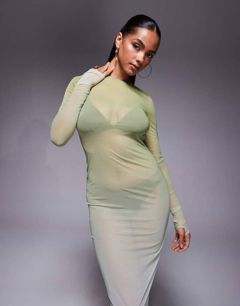 Oh Polly - Maxi-Strandkleid aus Netzstoff in Olivgrün von Oh Polly