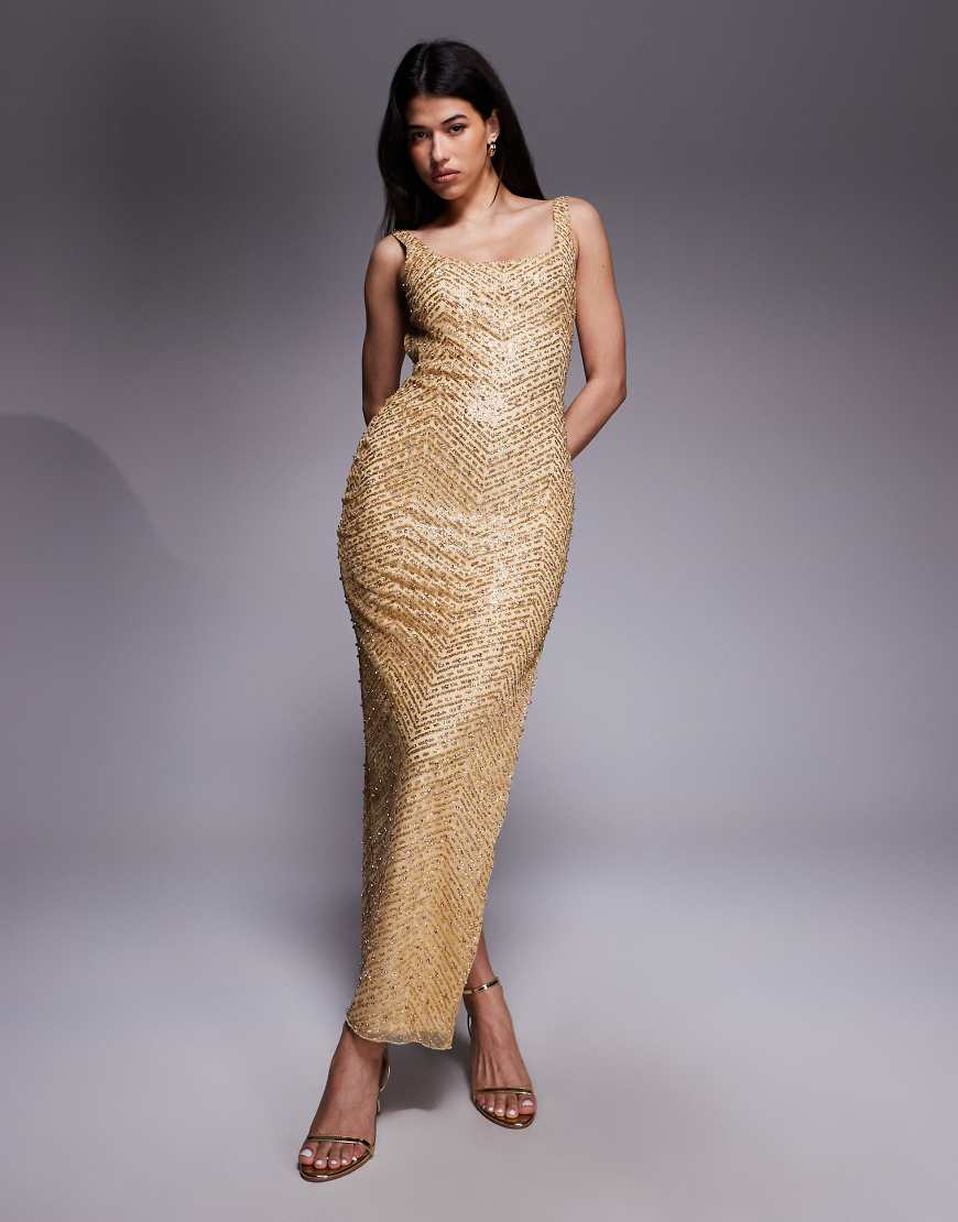 Oh Polly - Maxikleid in Gold mit Kristallverzierung und Herzausschnitt-Goldfarben von Oh Polly