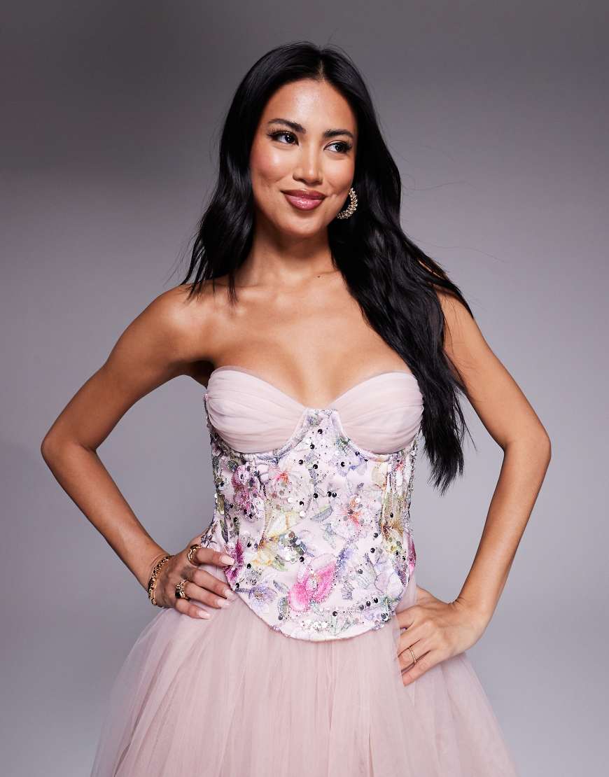 Oh Polly - Verziertes Korsettoberteil in Rosa mit Blumenmuster von Oh Polly