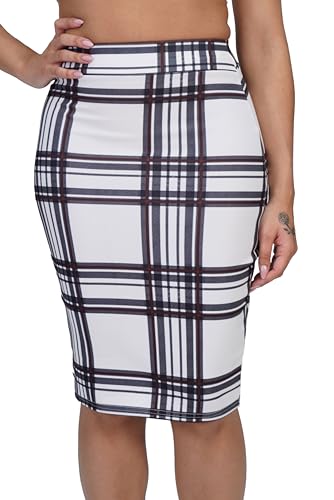 Print Bleistiftrock mit separatem Gummizug Taille Damen Midi Länge Rock Knielang Damen Rock EU 34-48 (as3, Numeric, Numeric_38, Numeric_40, Regular, Regular, Weiß Scheck) von Oh! Pretty