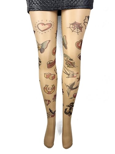 Transparente Strumpfhose mit Tattoo-Druck, Tattoo-Tights Old School für Damen, modische Strumpfhose für Damen, mehrfarbig, rot, 36 von Oh! Tights
