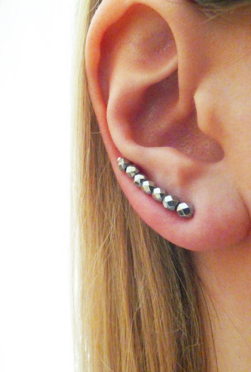 Ohrringe Mit Perlen ~ Silber Hämatit Ohrklemmen Einzigartige Moderner Schmuck Ohrkletterer von OhJewelery