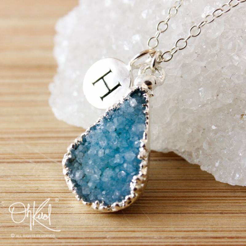 Blaue Druzy Initial Kette Sterling Silber Achat Tropfen Anhänger von OhKuol