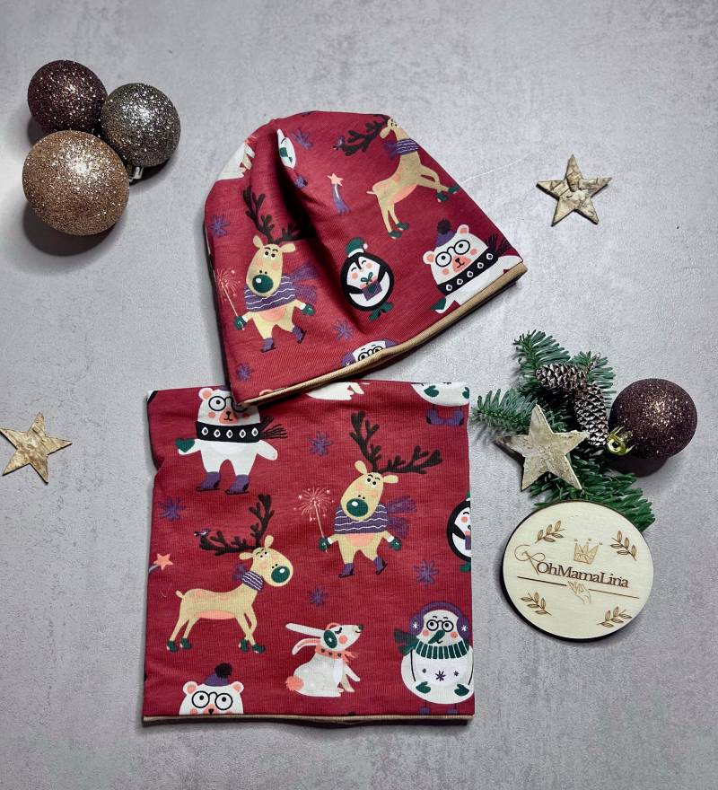 Sofortkauf Weihnachts Beanie Loop Set I Jersey Geschenkidee Geschenk Für Kinder Unisex Weihnachtsmotive Christmas Party von OhMamaLina
