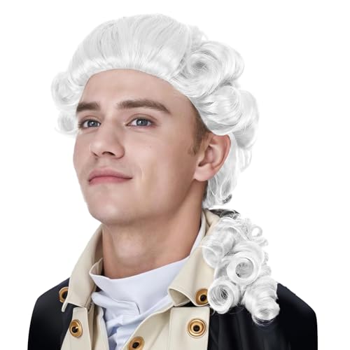 Barocke Lange Herren Perücke Richter Anwalt cos Perücken Edelmann Lord Hofkomponist Dichter lockiger Zopf Renaissance Zopfperücke Wigs in Court Retro Kostüm Accessoire Für Fasching Karneval Halloween von OhMill