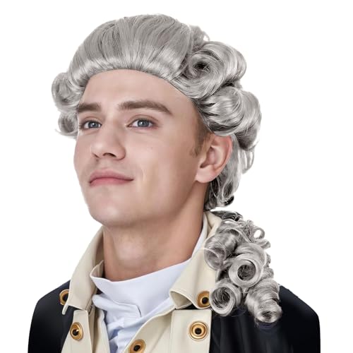 Barocke Lange Herren Perücke Richter Anwalt cos Perücken Edelmann Lord Hofkomponist Dichter lockiger Zopf Renaissance Zopfperücke Wigs in Court Retro Kostüm Accessoire Für Fasching Karneval Halloween von OhMill