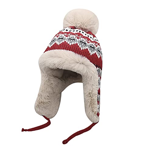 OhMill Damen Warm Wintermütze mit Ohrenklappen Gestrickt Fliegermütze Trappermütze Fellmütze für Laufen Radfahren Skifahren Camping,55-58 cm (Roter Hut) von OhMill