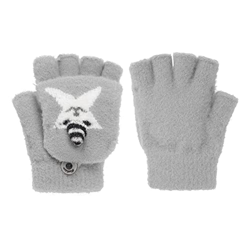 OhMill Halbe Fingerhandschuhe mit Flip Top Winter Finger Handschuhe Gestrickte Handschuhe Plüschhandschuhe für Kinder Mädchen Jungen (Hellgraues Pentagramm-Muster) von OhMill