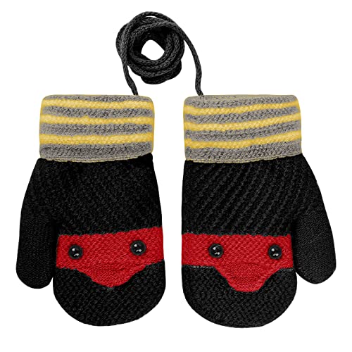 OhMill Kinder Cartoon-Handschuhe Winter Strickhandschuh Winddichte Fausthandschuhe mit Schlüsselband für 0-3 Jahre Kinder (Schwarzes Vogel-Muster) von OhMill