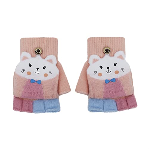 OhMill Winter Gestrickte Handschuhe Warme Halbfinger gestrickt Flip Top Handschuhe für 0-3 Jahre Kinder Spielen Laufen Skifahren (Rosa Katze Muster) von OhMill