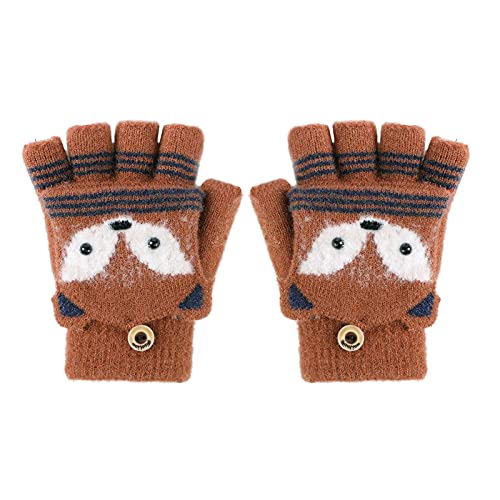 OhMill Winter Warme Halbfinger gestrickt Flip Top Handschuhe Fingerhandschuhe für Kinder Junge Mädchen (Kaffee-Fuchs-Muster) von OhMill