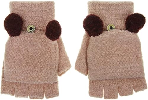 OhMill Winter Warme Halbfinger gestrickt Flip Top Handschuhe Fingerhandschuhe für Kinder Junge Mädchen (Rosa Bär) von OhMill