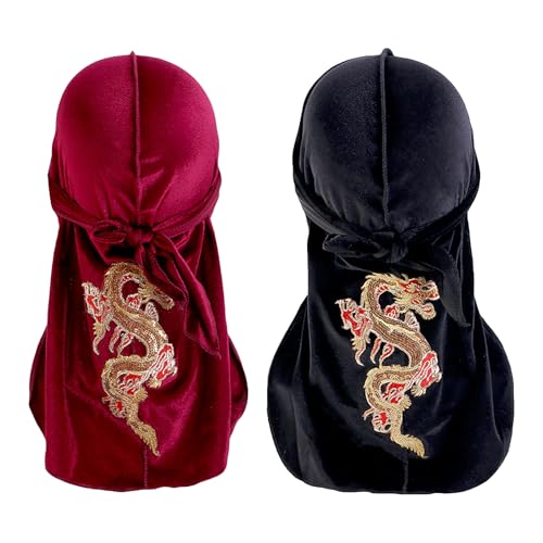 Unisex 2 Stücke Samt Durag Hip-Hop Kopftuch mit Lang Schwanz Breit Trägern Elastisch Piratenkostüm Hut Atmungsaktiv Bandanas Du Rags Weiche Allerheiligen Kappe Zubehör für Männer und Frauen von OhMill