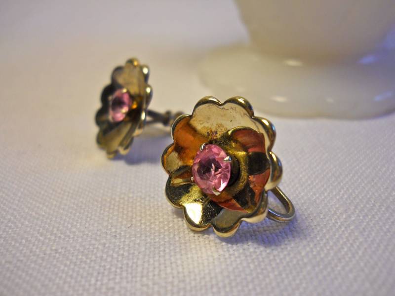Ohrringe Sterling Silber Rosa Strass Schraube Zurück Blume Ohrringe Sterling Silber Rosa Strass Schraube Zurück Blume von OhVera