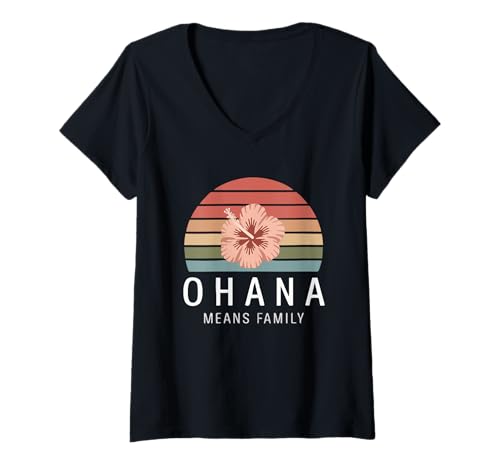 Damen Ohana bedeutet Familie hawaiianischer Sonnenuntergang Hibiskus T-Shirt mit V-Ausschnitt Damen Ohana bedeutet Familie hawaiianischer Sonnenuntergang Hibiskus T-Shirt mit V-Ausschnitt von Ohana Family Hawaiian Hibiscus Sunset Rainbow