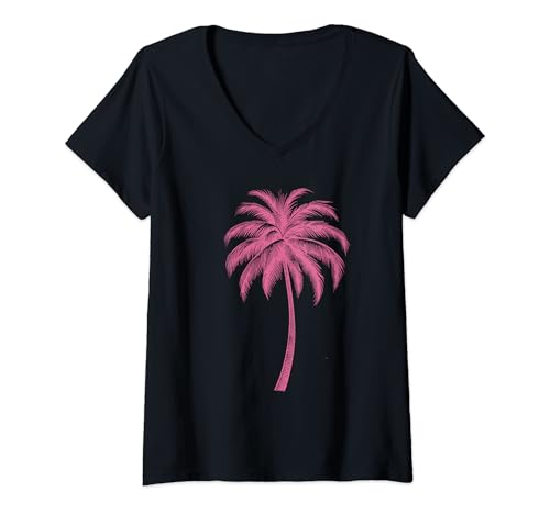 Damen Hawaii Sommer Palmen Beach Pink Palm T-Shirt mit V-Ausschnitt Damen Hawaii Sommer Palmen Beach Pink Palm T-Shirt mit V-Ausschnitt von Ohana Means Family