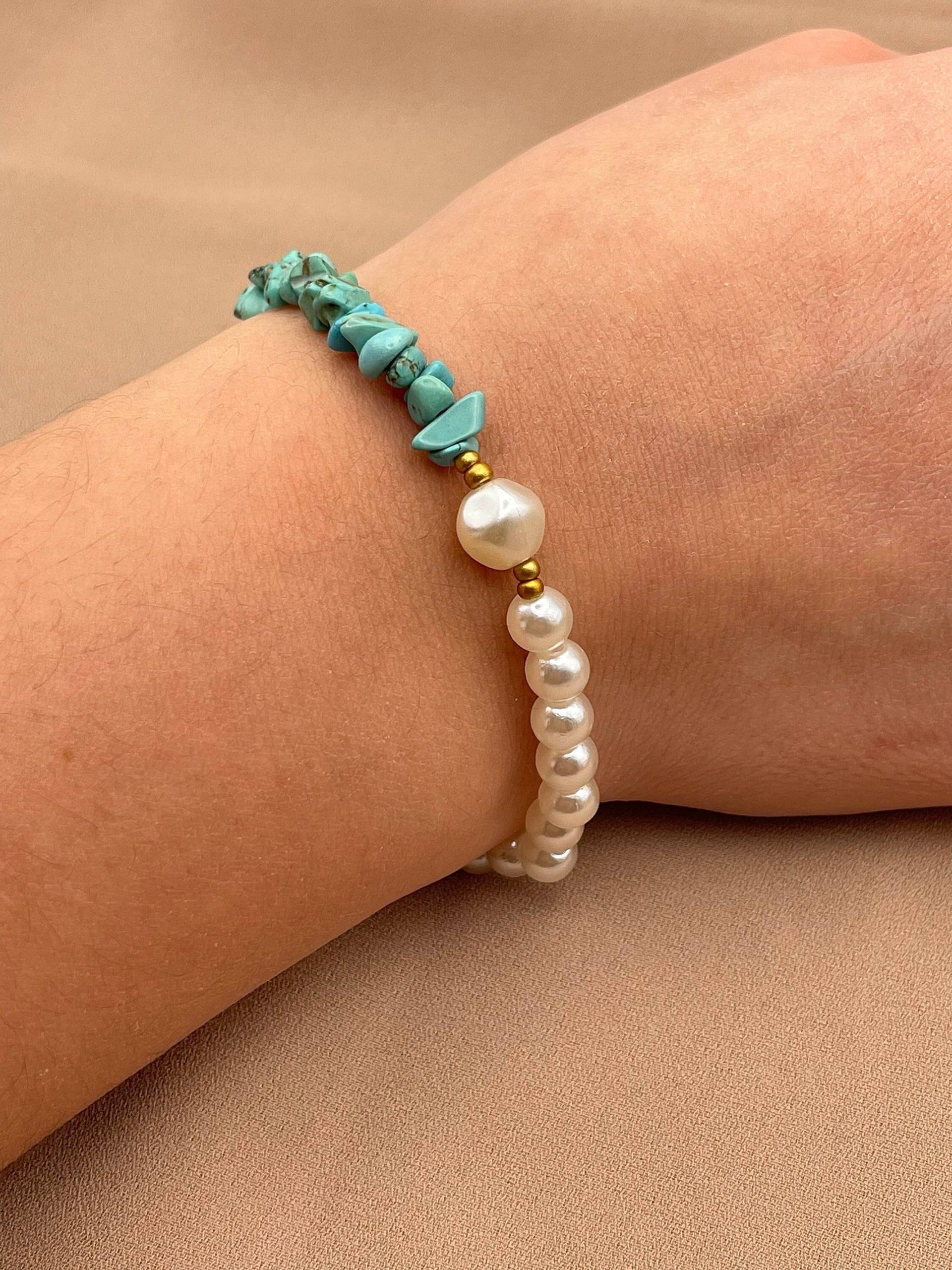 Armband Mit Kieselsteinen, Halb Perlen, Weiß Gold Türkis, Handgemacht 100% Armband Mit Kieselsteinen, Halb Perlen, Weiß Gold Türkis, Handgemacht 100% von OhanaTheBrand