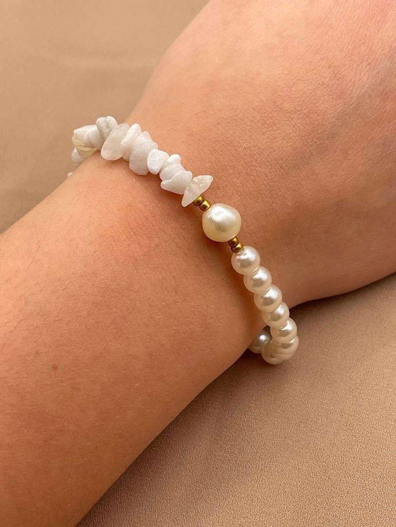 Armband Mit Quarz Kies Perlen, Halb Weiß Gold, Handgemacht 100% Armband Mit Quarz Kies Perlen, Halb Weiß Gold, Handgemacht 100% von OhanaTheBrand