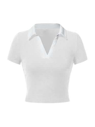 Oheyeseker Damen Crop Top V-Ausschnitt Farbblock Shirt Kurzarm T-Shirt（M，Weiß） von Oheyeseker