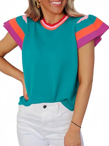 Oheyeseker Damen Kappe Kurzarm T-Shirts,Sommer Stricken Leichtes Pullover,Colors Block Crewneck Sweater Minzblau-S von Oheyeseker