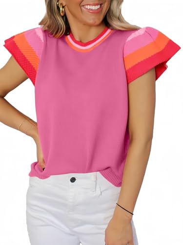 Oheyeseker Damen Kappe Kurzarm T-Shirts,Sommer Stricken Leichtes Pullover,Colors Block Crewneck Sweater Pink-S von Oheyeseker