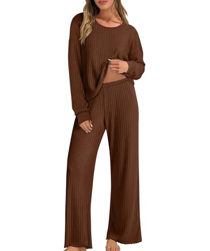 Oheyeseker Damen Langarm Schlafanzug Sets Gerippte Lounge Nachtwäsche Nachtwäsche Pj Sets Passendes Set von Oheyeseker