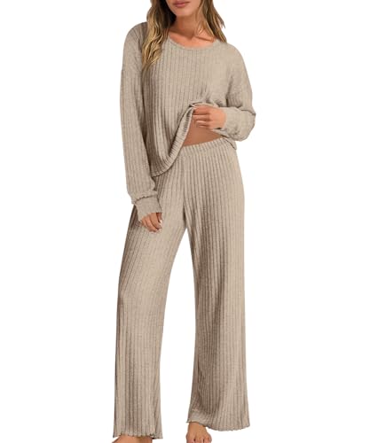 Oheyeseker Damen Langarm Schlafanzug Sets Gerippte Lounge Nachtwäsche Nachtwäsche Pj Sets Passendes Set von Oheyeseker