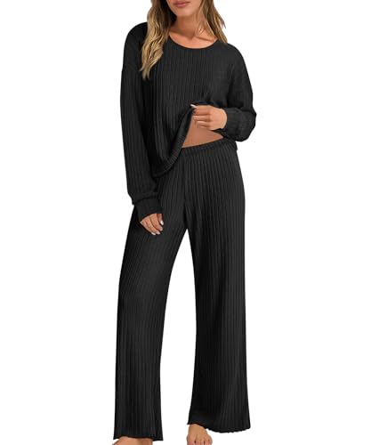 Oheyeseker Damen Langarm Schlafanzug Sets Gerippte Lounge Nachtwäsche Nachtwäsche Pj Sets Passendes Set von Oheyeseker