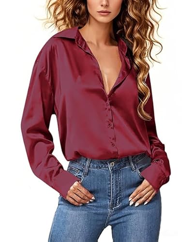 Oheyeseker Damen SeiEU Satin Oberteile mit Knöpfen Hemd Langarm Tops V-Ausschnitt Casual Lose Arbeit Büro Bluse Tunika(Rotwein, Medium) von Oheyeseker