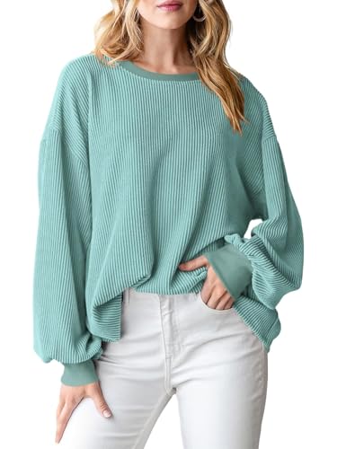 Oheyeseker Damen Übergröße Langarm T Shirts Herbst Kleidung Pullover Lässig Lose Crewneck Gerippte Tops(L,Hellgrün) von Oheyeseker