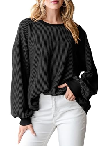 Oheyeseker Damen Übergröße Langarm T Shirts Herbst Kleidung Pullover Lässig Lose Crewneck Gerippte Tops(XL, Schwarz) von Oheyeseker