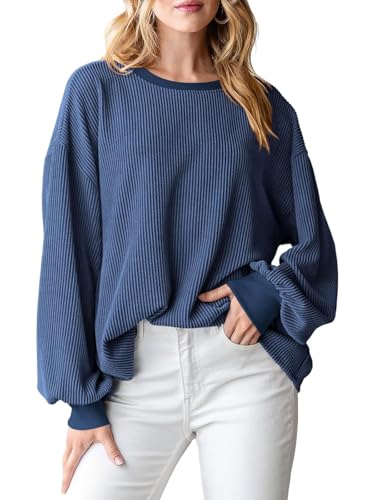 Oheyeseker Damen Übergröße Langarm T Shirts Herbst Kleidung Pullover Lässig Lose Crewneck Gerippte Tops(XL,Tiefblau) von Oheyeseker