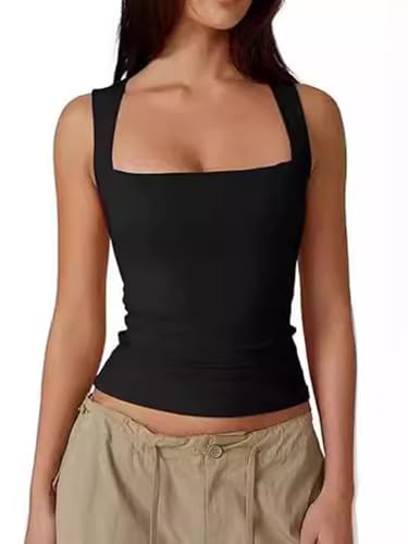 Oheyeseker Damen Vierkant-Ausschnitt Ärmellos Dichtes T-Hemden Doppellagig Behälter Oberteile(L,Schwarz) von Oheyeseker