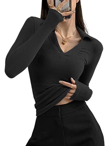 Oheyeseker Fall Shirt Damen V-Ausschnitt Langarmshirt Damen Polo T Shirt Damen Langarm Basicshirt Damen(L, Schwarz) von Oheyeseker