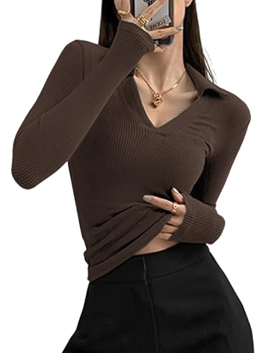 Oheyeseker Fall Shirt Damen V-Ausschnitt Langarmshirt Damen Polo T Shirt Damen Langarm Basicshirt Damen(S, Braun) von Oheyeseker