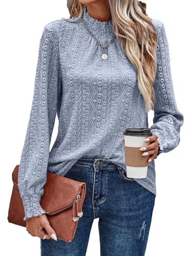 Oheyeseker Frauen hohen Hals Smock T-Shirts plissiert strukturierte Bluse Langarm lässig Tops Dressy Mode Kleidung(M,Zartes Blau) von Oheyeseker